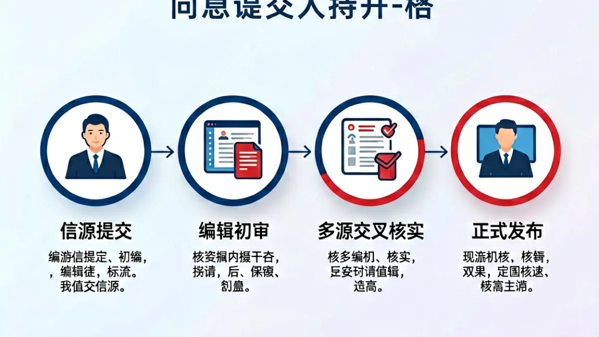 91爆料内容审核流程可视化图，展示从信源提交到编辑核实再到发布的四个关键步骤