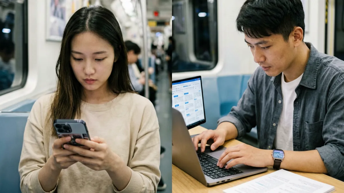 不同用户场景示意图：一人在通勤途中用手机快速浏览91爆料热点，另一人在书桌前对比多个平台内容