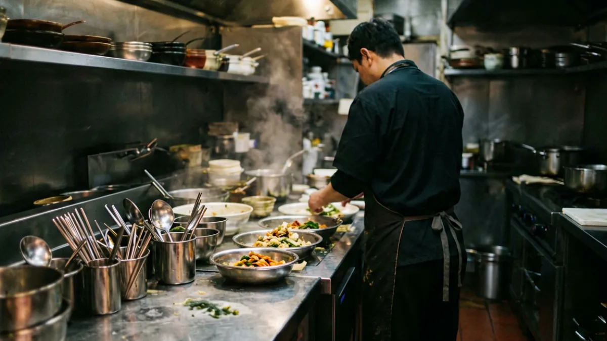 91爆料平台热度第一的后厨曝光视频截图，画面呈现餐厅后厨操作台与工作人员