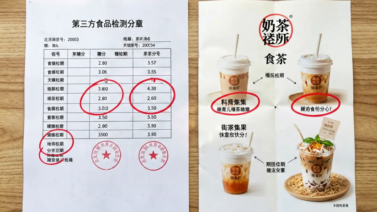 91爆料第五名内容，网红奶茶品牌真实成分检测报告与宣传页面并排对比展示